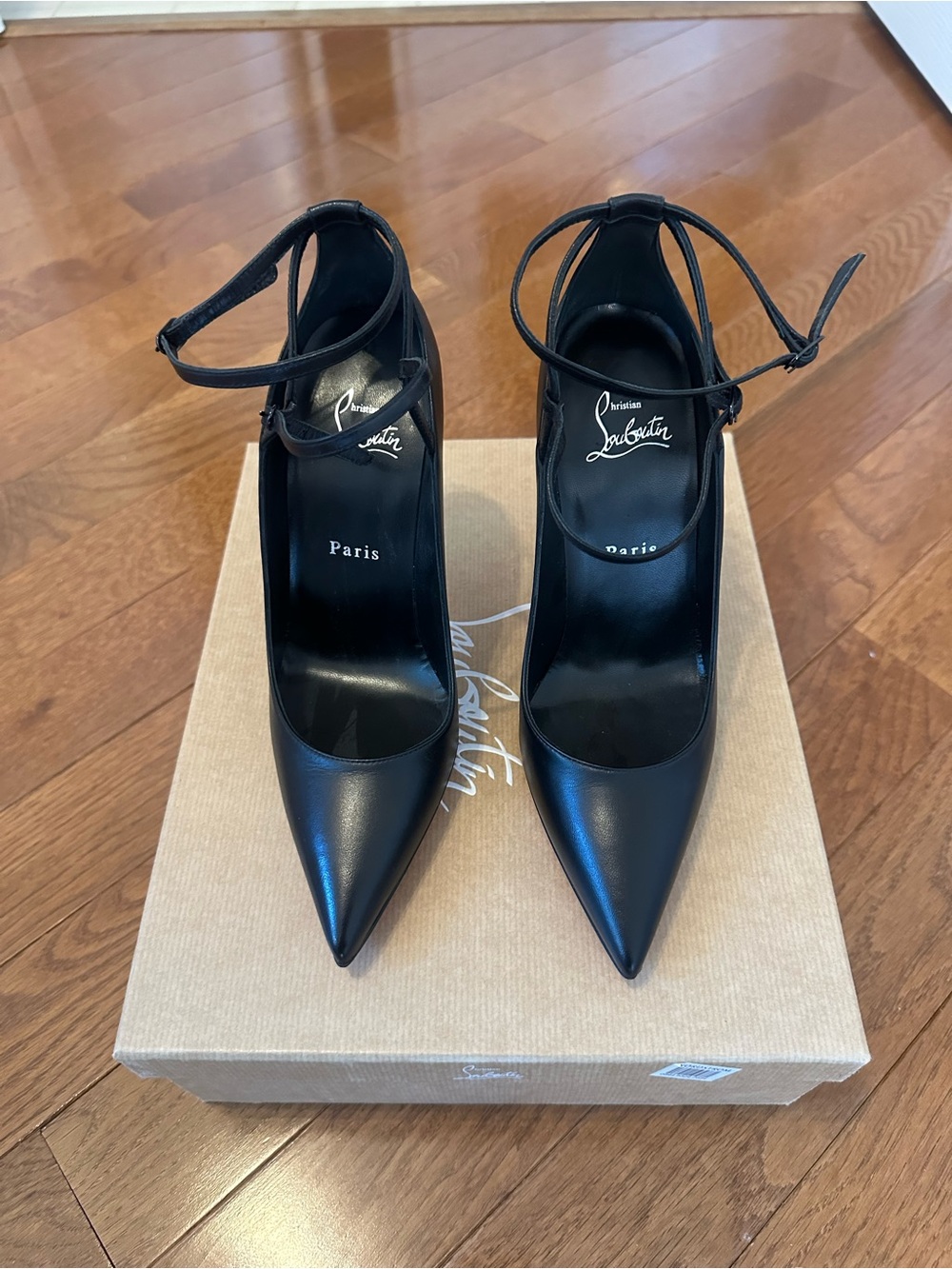 Christian Louboutin Black Pointed Ankle-Strap Pumps with Tie Detail